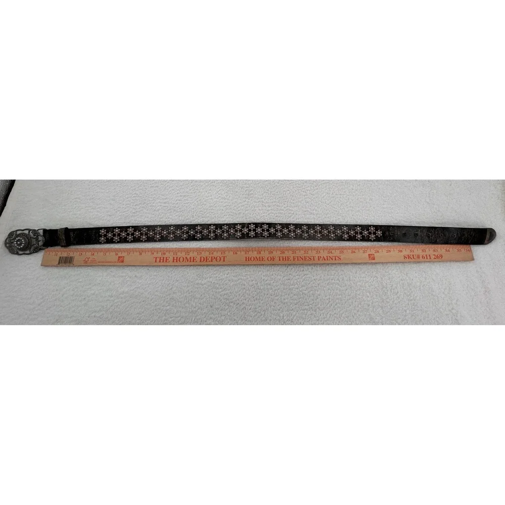 Womens Distressed Black  Floral Studded Rhinestone Rodeo Buckle Belt 1629 L